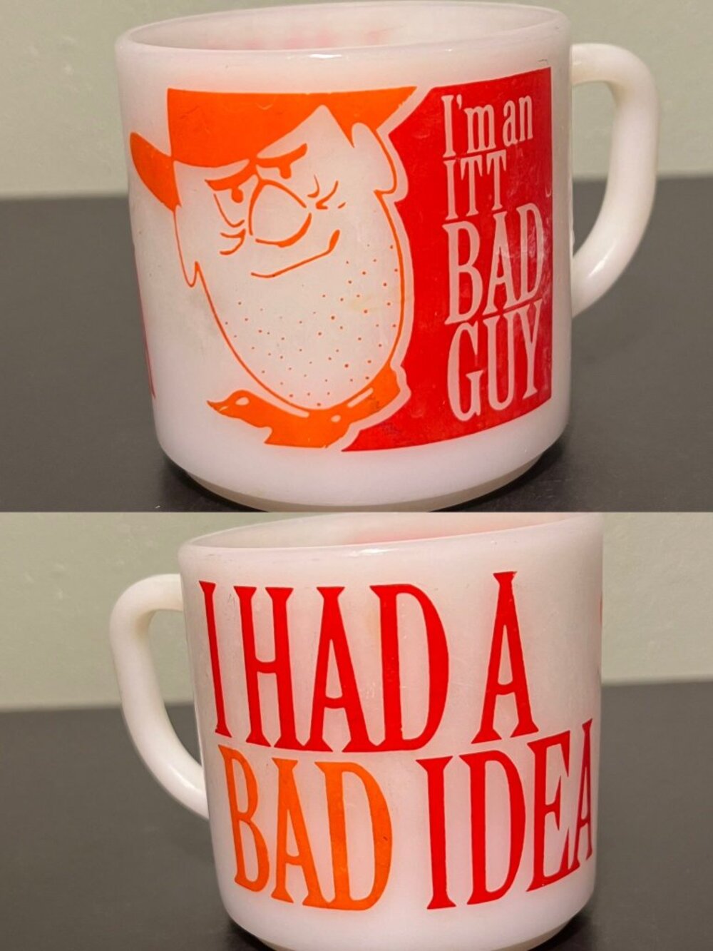 Vintage Federal Glass ITT Bad Guy Milk Glass Mug - MINT 1970s Retro MCM Coffee